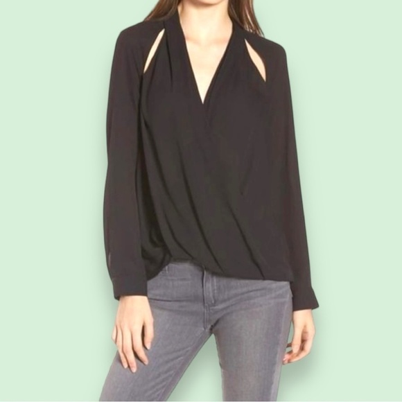 Trouve Draped Surplice Shoulder Cut Out Blouse, Black, Size Small - Picture 1 of 8